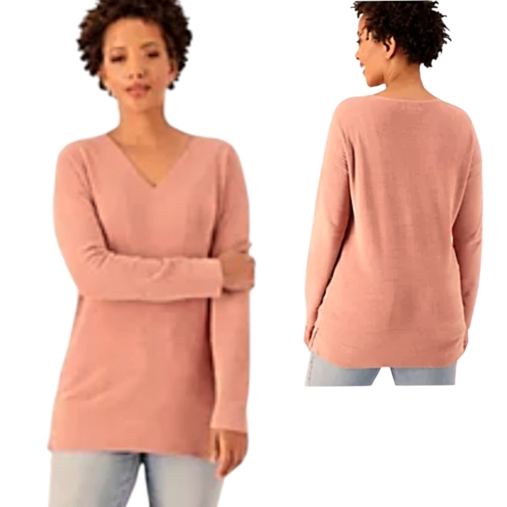 Barefoot Dreams Cozy Chic Ultra Lite Relaxed Fit Clay Pink V-Neck Sweater -Sz XS
